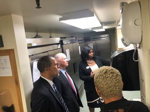 The small kitchen in the Child Development Center is inadequate to prepare the required 100+ meals three times a day, particularly when it has had to shut down due to overflowing sewage in the building.